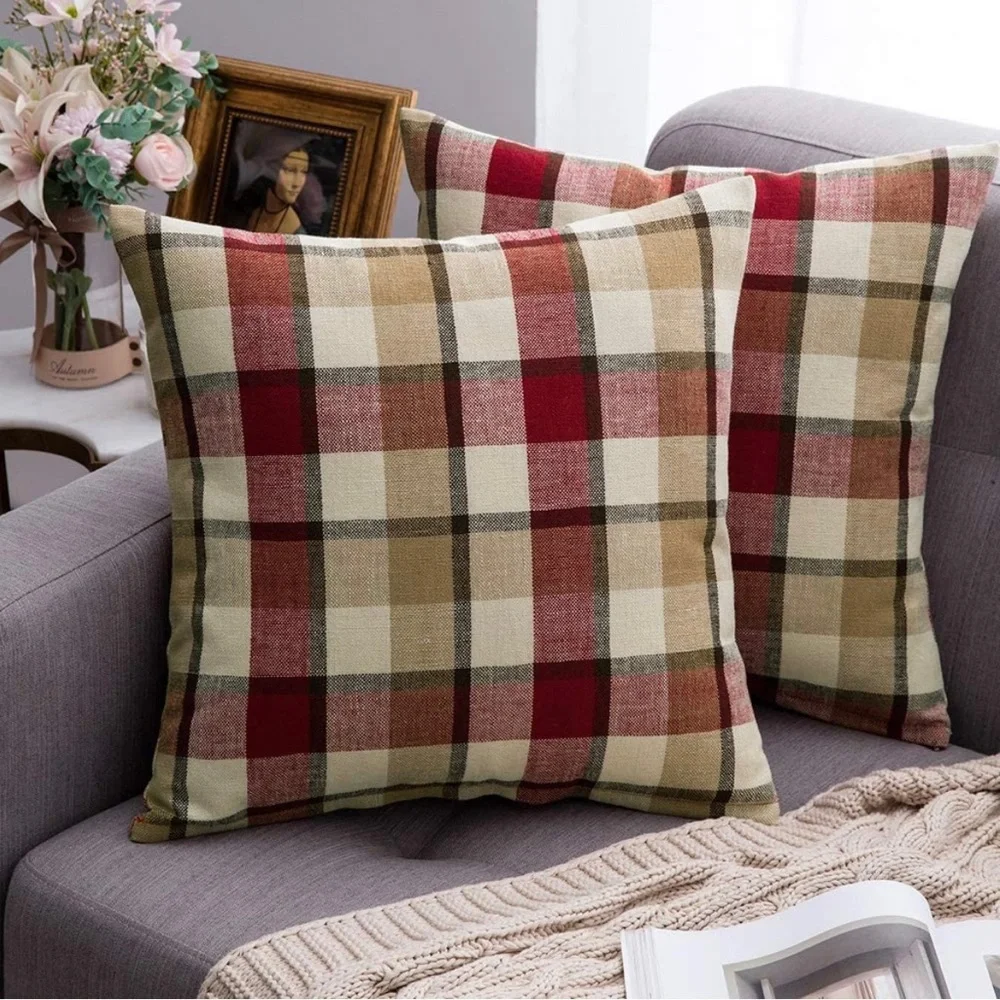 Luxury Home | Rustic Red & Beige Tartan Plaid Farmhouse Throw Pillow Covers